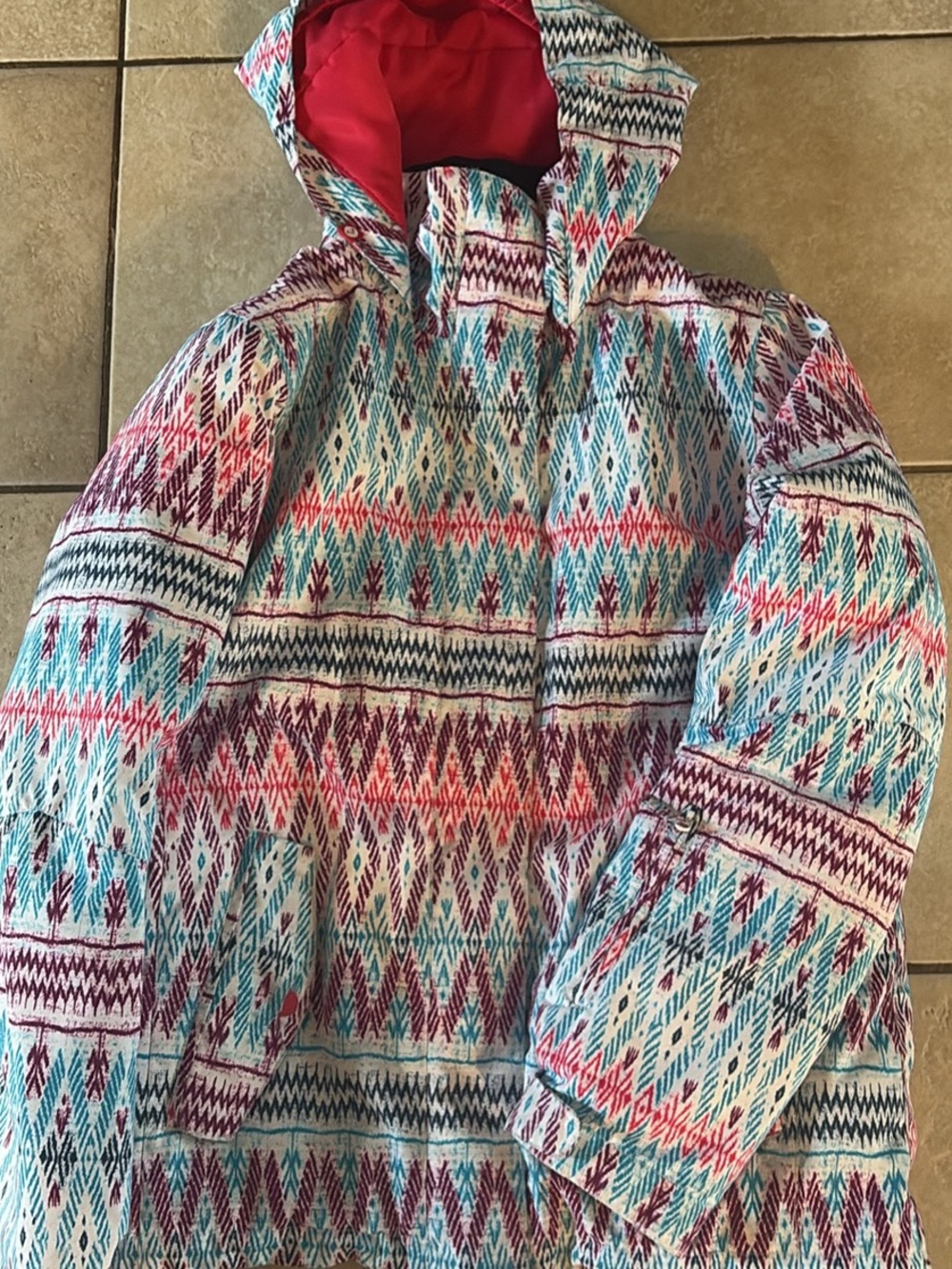 Roxy Girls' Hooded Puffer Jacket in Red, Teal & White Aztec Print